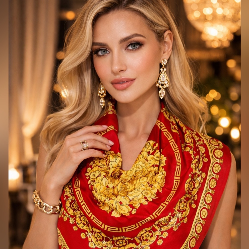 Large Brand New Versace Scarlet and Gold Silk Scarf